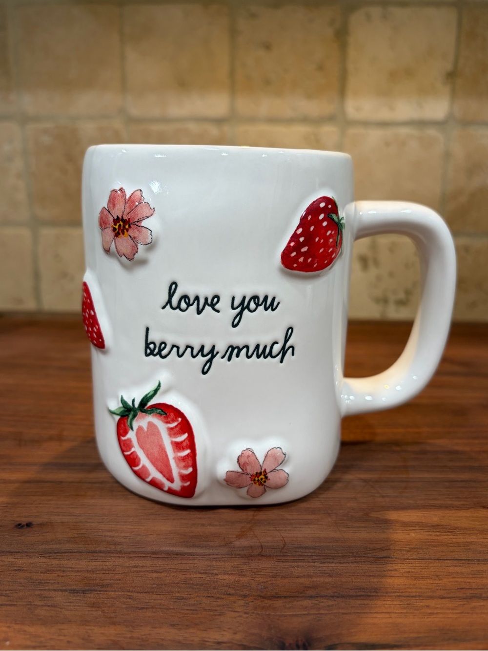 Rae Dunn “Love You Berry Much” Strawberry Ceramic Mug 3D Embossed - 14 oz